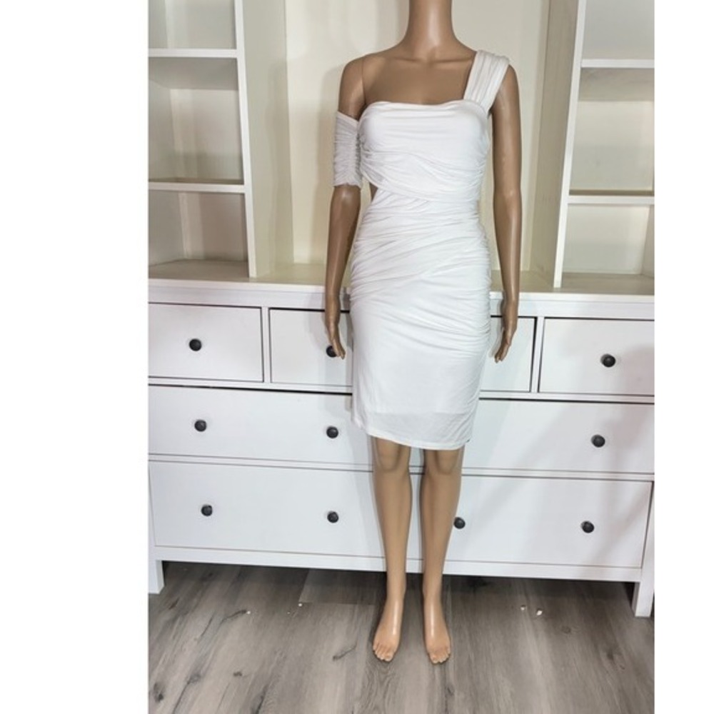 Kardashians Bebe Dress Womens Small White Ruched One Shoulder Cutout Bodycon